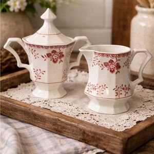 Nikko Classic Collection Cream & Sugar Set Japan Red Floral Vintage Farmhouse